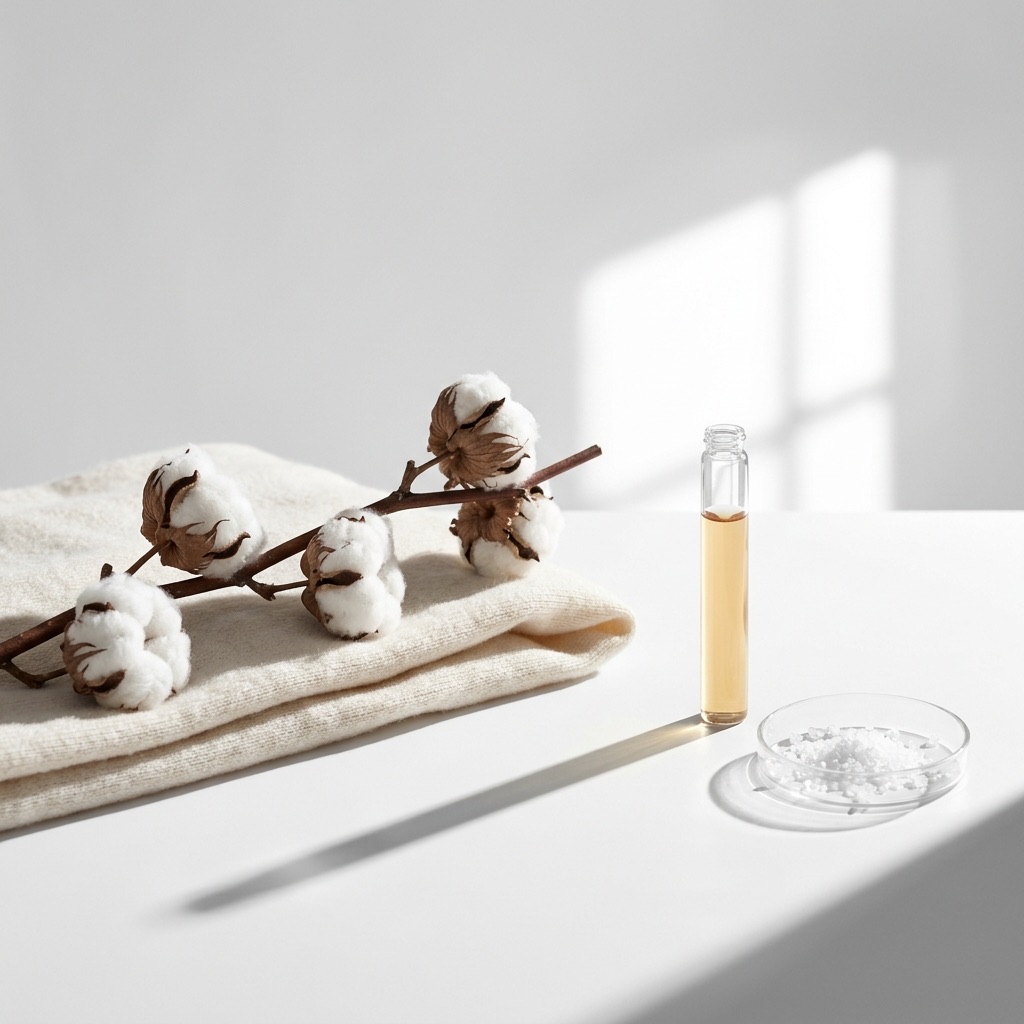 Flor de algodão e caxemira com frasco de laboratório, ilustrando a nota limpa e macia dos almíscares brancos em perfumaria.