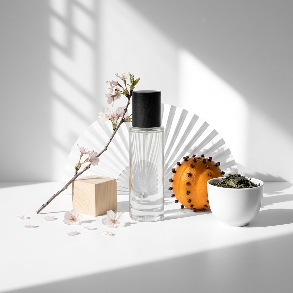Natureza-morta japonesa com pétalas de cerejeira, balde de madeira de hinoki e frasco de perfume Mitsouko num cenário zen.