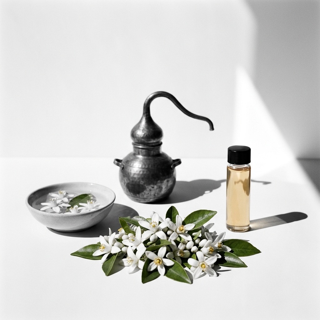 Flores de laranjeira frescas e frasco de óleo essencial de neroli junto a um alambique, ilustrando o processo de destilação.