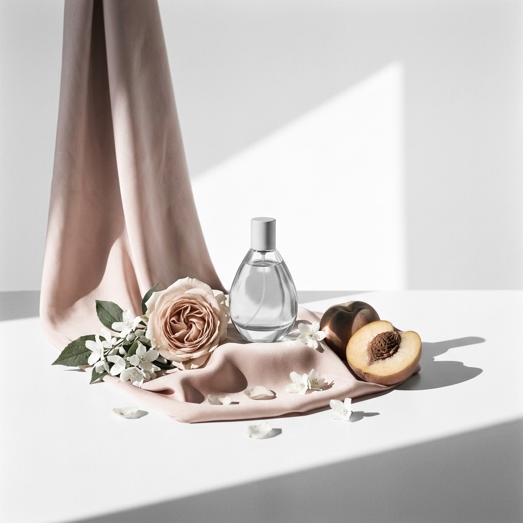 Fotografia artística de matérias-primas de notas de coração (rosa, jasmim, pêssego) dispostas sobre um tecido sedoso, ilustrando o corpo, a voluptuosidade e a assinatura floral do perfume na pirâmide olfativa.