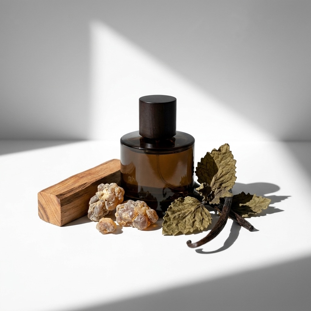 Fotografia de natureza-morta sóbria e elegante mostrando os ingredientes das notas de fundo (baunilha, sândalo, resinas, patchouli) em torno de um frasco âmbar, ilustrando a profundidade e a tenacidade do perfume.