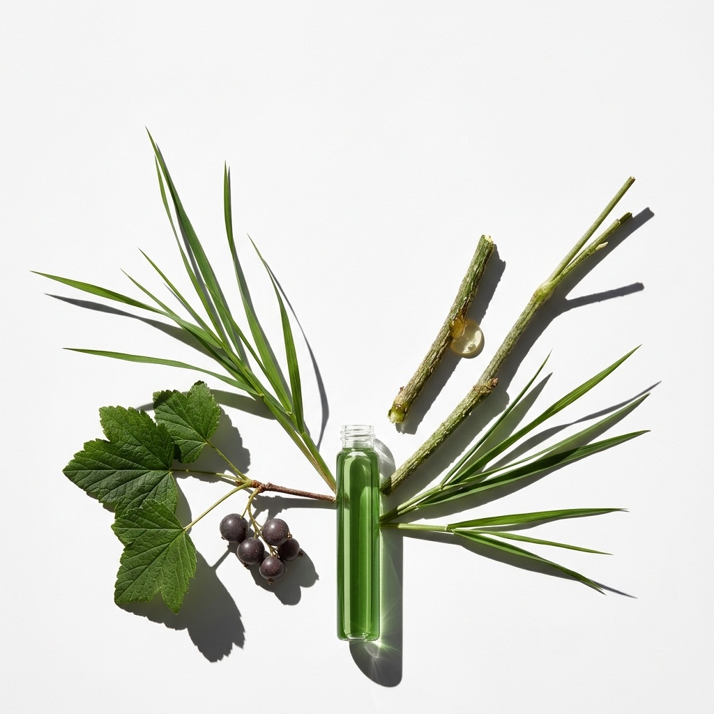 Composição de folhas de gálbano, lentisco e angélica, ilustrando a frescura vegetal em perfumaria.
