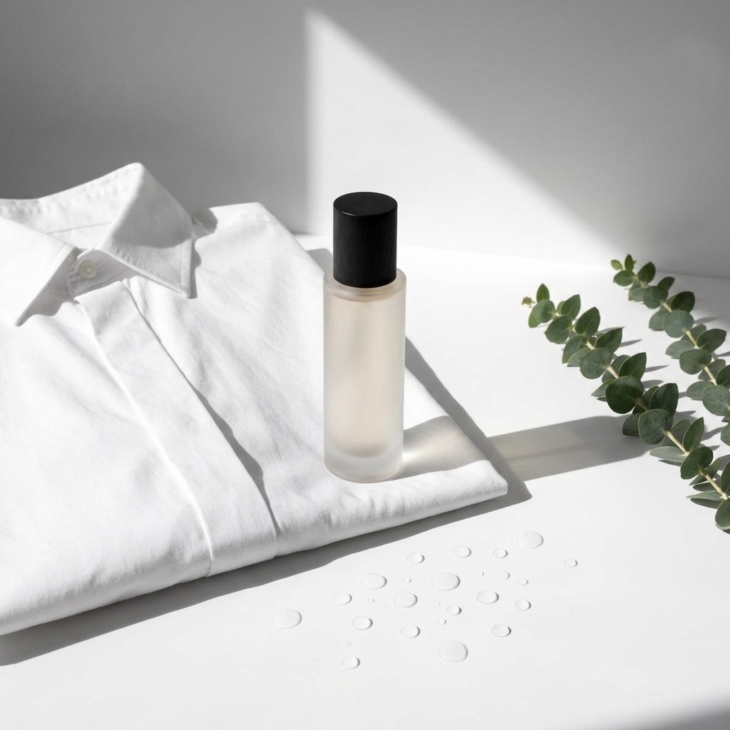 Fotografia dinâmica e luminosa ilustrando a faceta Nouvelle Fraîcheur: um frasco de perfume moderno rodeado de vapor, salpicos de água gelada e camisas de algodão branco imaculado, evocando o cheiro de roupa lavada, a saída do duche e a molécula Dihidromircenol.