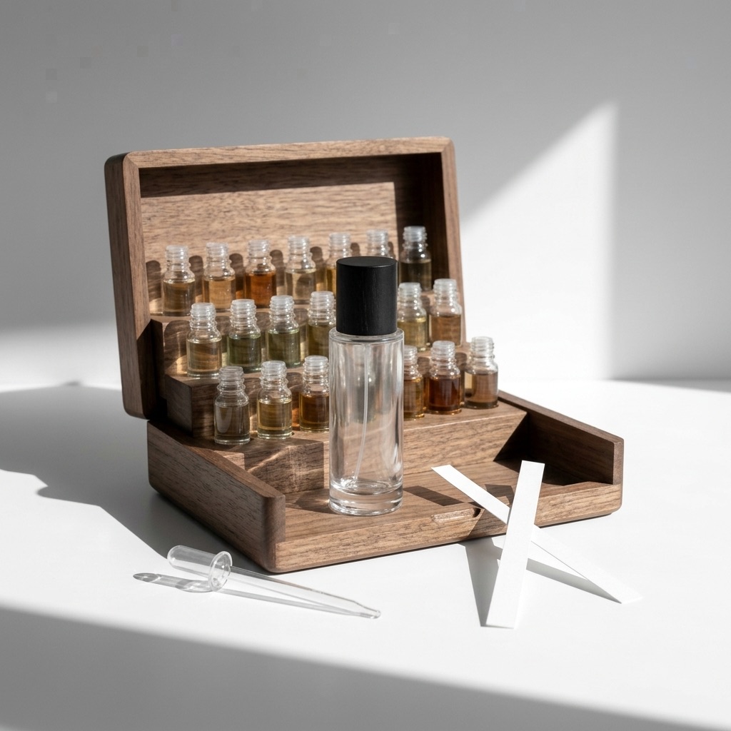Plano aproximado de um órgão de perfumista portátil com frascos de essências, mouillettes e um caderno de fórmulas sobre uma mesa de madeira, ilustrando a criação de um perfume por medida num salão privado.