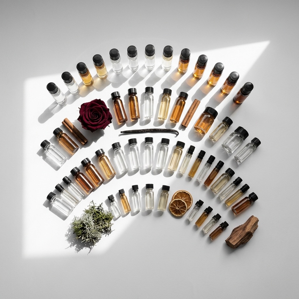 Fotografia artística reunindo as famílias olfativas do perfumista: flores, madeiras, especiarias, frutos e frascos de essências sobre uma mesa de trabalho.