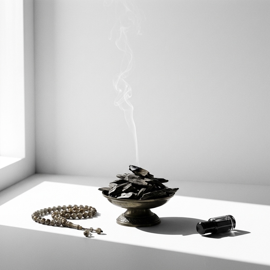 Fotografia de ambiente representando aparas de madeira de oud e voltas de fumo, evocando a riqueza e o mistério deste ingrediente precioso na perfumaria.