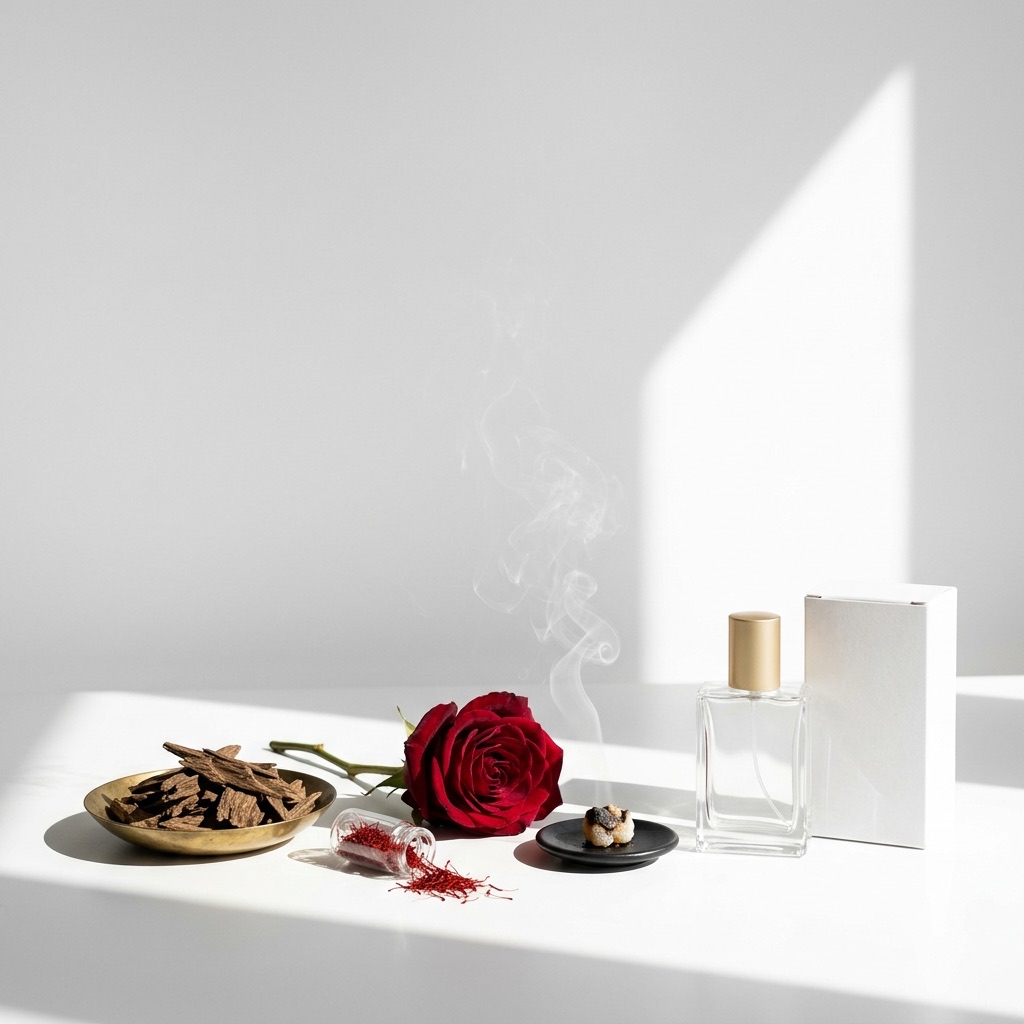 Composição olfativa oriental com madeira de oud, açafrão e âmbar cinzento sobre fundo de areia dourada.