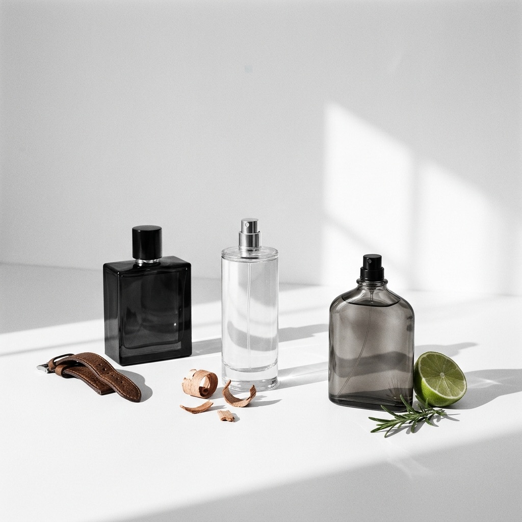 Ilustração de frascos de perfume para homem segundo diferentes personalidades: desportivo, viril, clássico, audacioso.