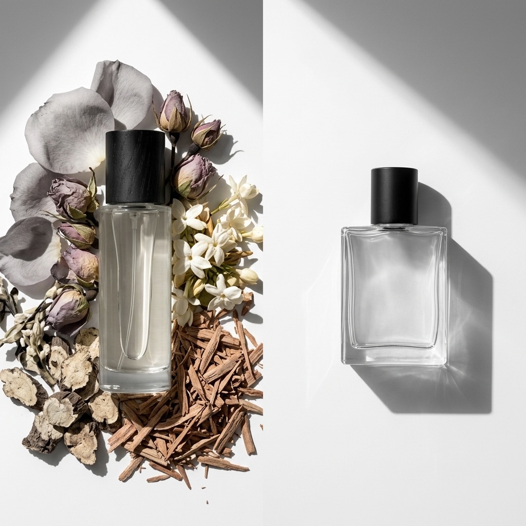 Fotografia conceptual comparando um perfume original rodeado de matérias-primas naturais nobres com frascos de perfumes genéricos pousados sobre gráficos de cromatografia.