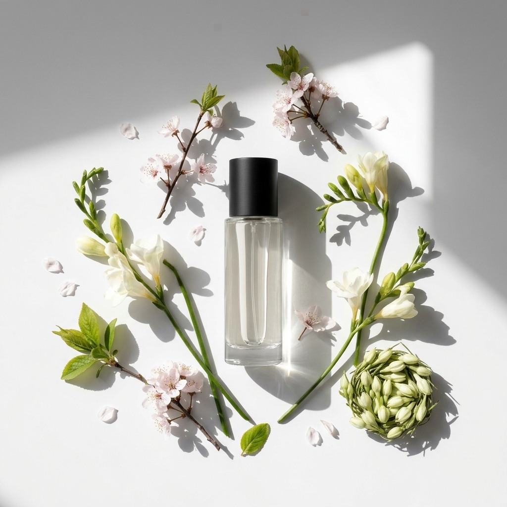 Perfume para a primavera sobre um fundo de flores frescas e luz natural, ilustrando a renovação olfativa.