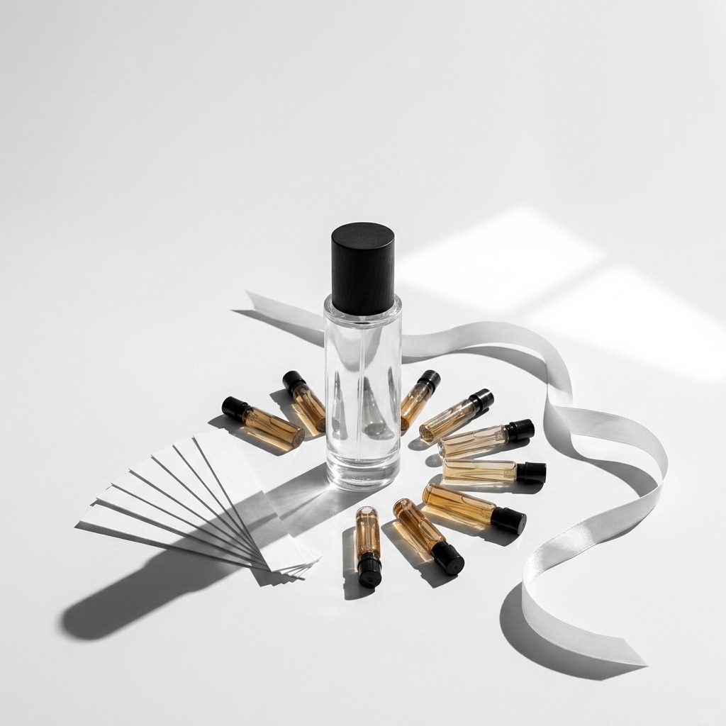 Sessão de criação de perfume por medida com órgão de perfumes, imagens de inspiração e frasco em cristal Baccarat.