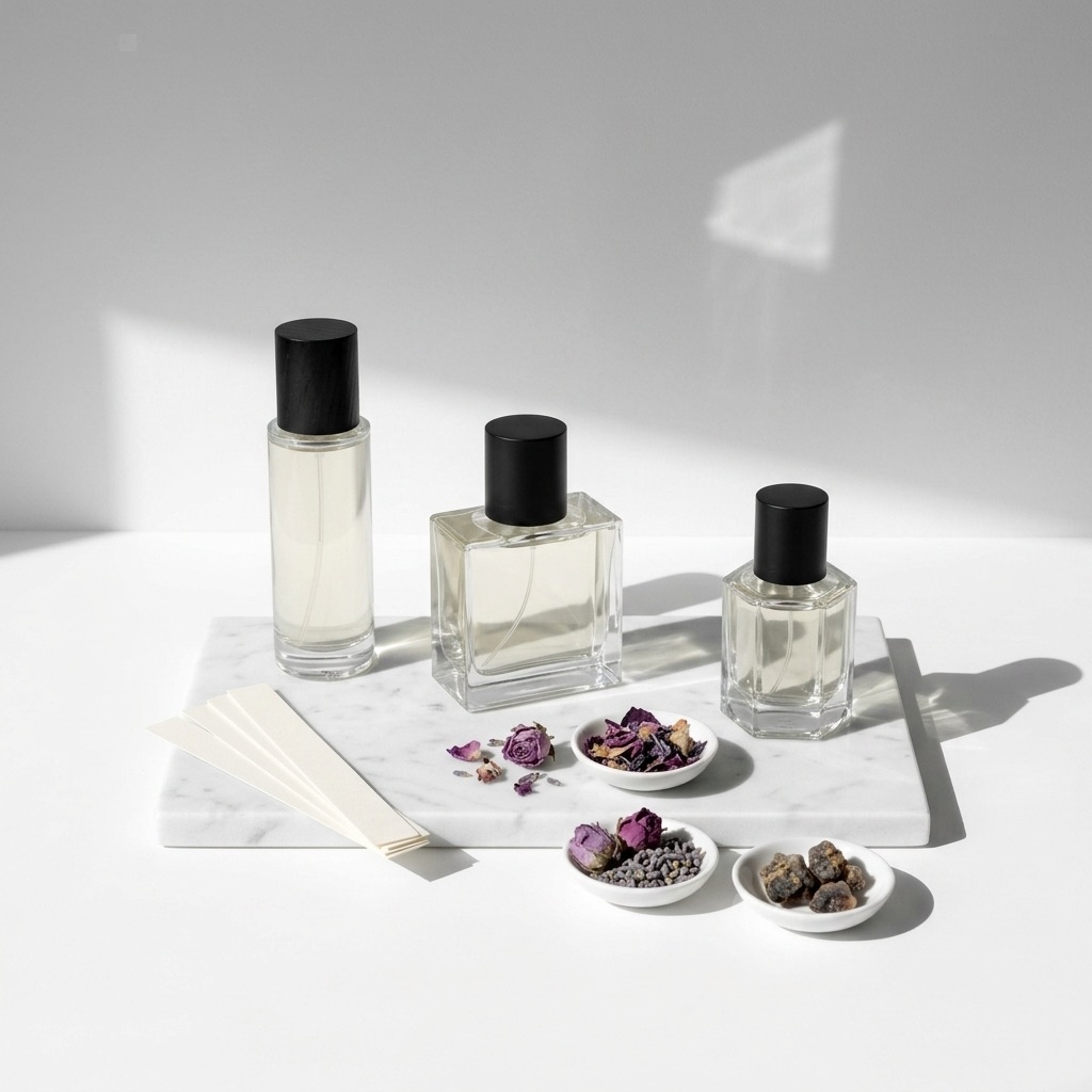 Interior de uma boutique de perfumes de nicho com frascos minimalistas e matérias-primas expostas num balcão de mármore.