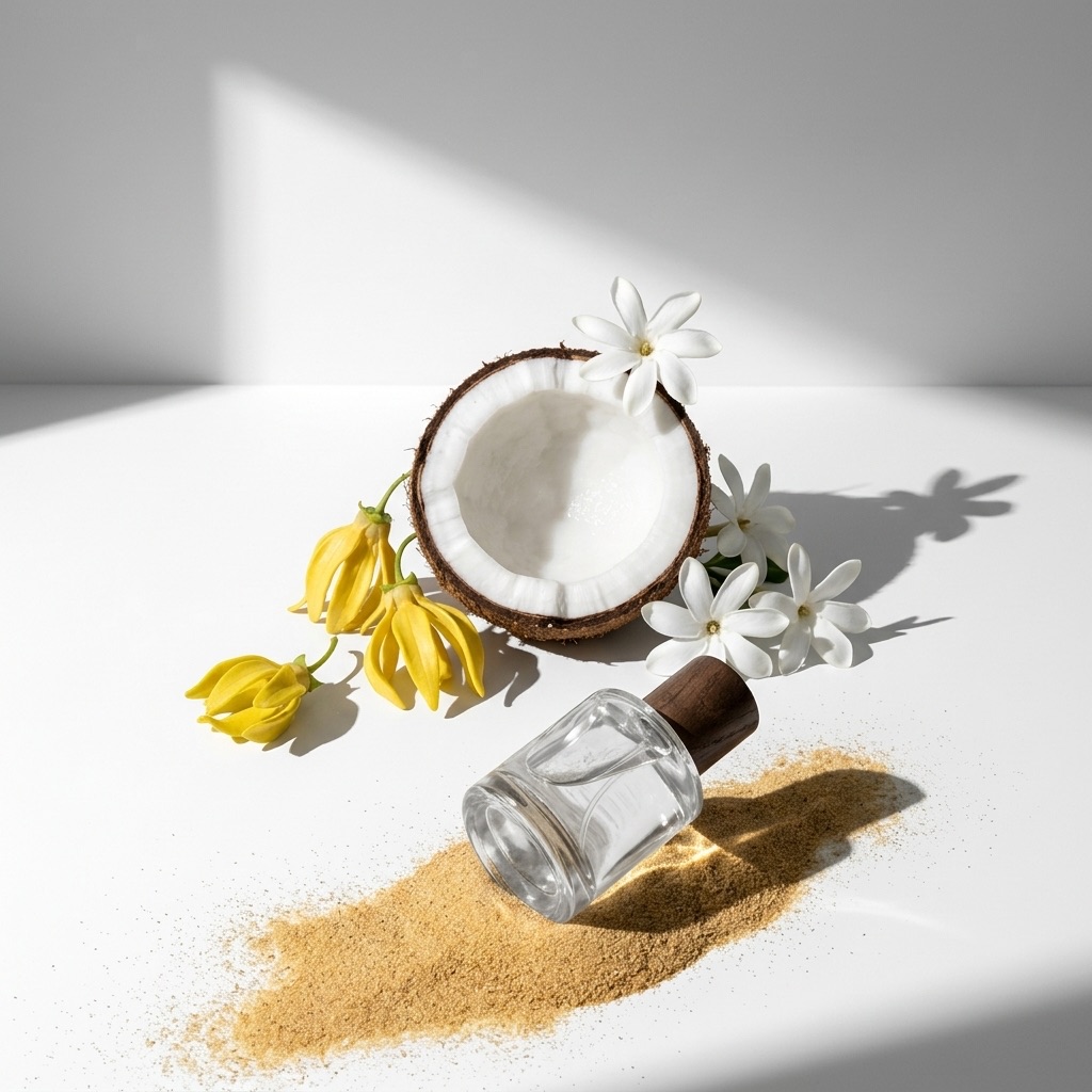 Flores de tiaré, ylang-ylang e coco na praia, ilustrando as notas solares e exóticas em perfumaria.