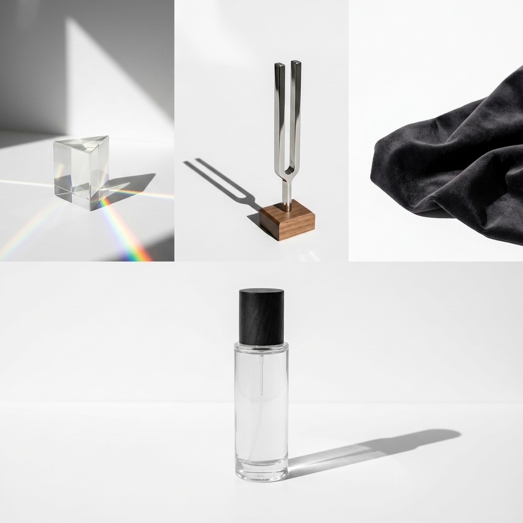 Tríptico artístico ilustrando os canais sensoriais: um prisma (visual), um diapasão (auditivo) e uma textura de veludo (cinestésico) associados ao perfume.