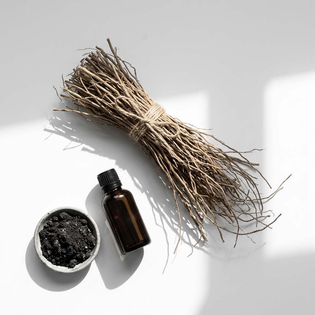 Fotografia de natureza-morta de um fardo de raízes de vetiver secas e terrosas ao lado de um frasco de perfume, ilustrando o ingrediente-chave das notas amadeiradas e fumadas.