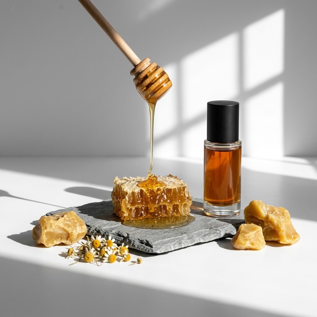 Fotografia macro de favos de mel dourados e cera de abelha bruta ao lado de um frasco de perfume, ilustrando as notas gourmand e animais.