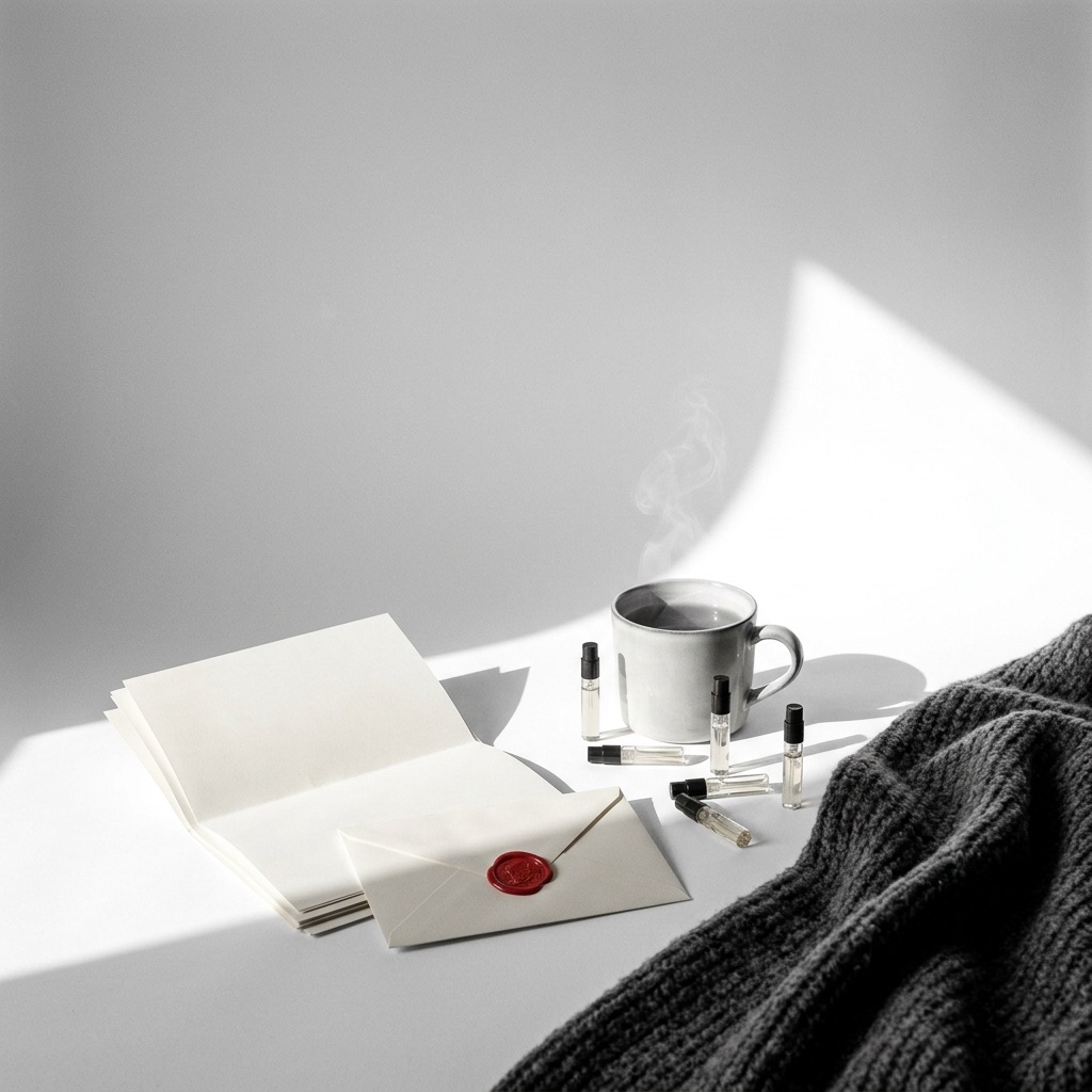 Composição acolhedora com cartas de testemunhos, fotografias polaroid e amostras de perfume, ilustrando o apoio da comunidade.