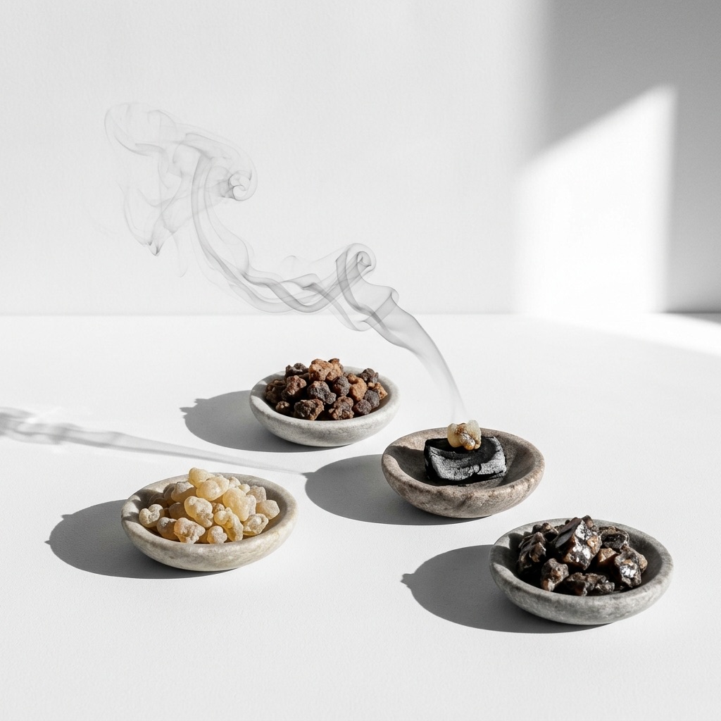 Coleção de resinas naturais (lágrimas de incenso, mirra e benjoim) com fumo de incenso, ilustrando as notas balsâmicas em perfumaria.