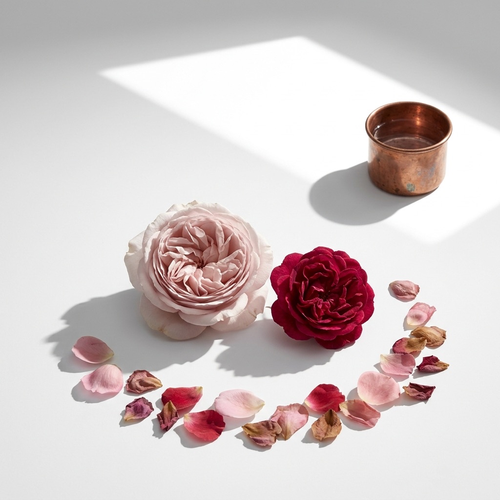 Rosas frescas de Grasse e rosas de Damasco secas, ilustrando a riqueza da rainha das flores em perfumaria.