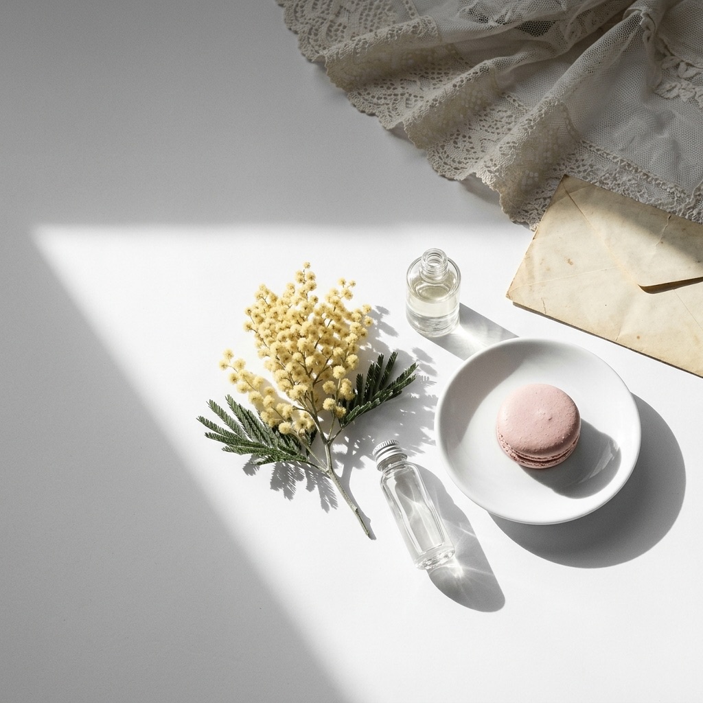 Natureza-morta artística representando as fontes de inspiração do perfumista: macaron, cocktail, flores de mimosa e renda pousados sobre um caderno de criação.