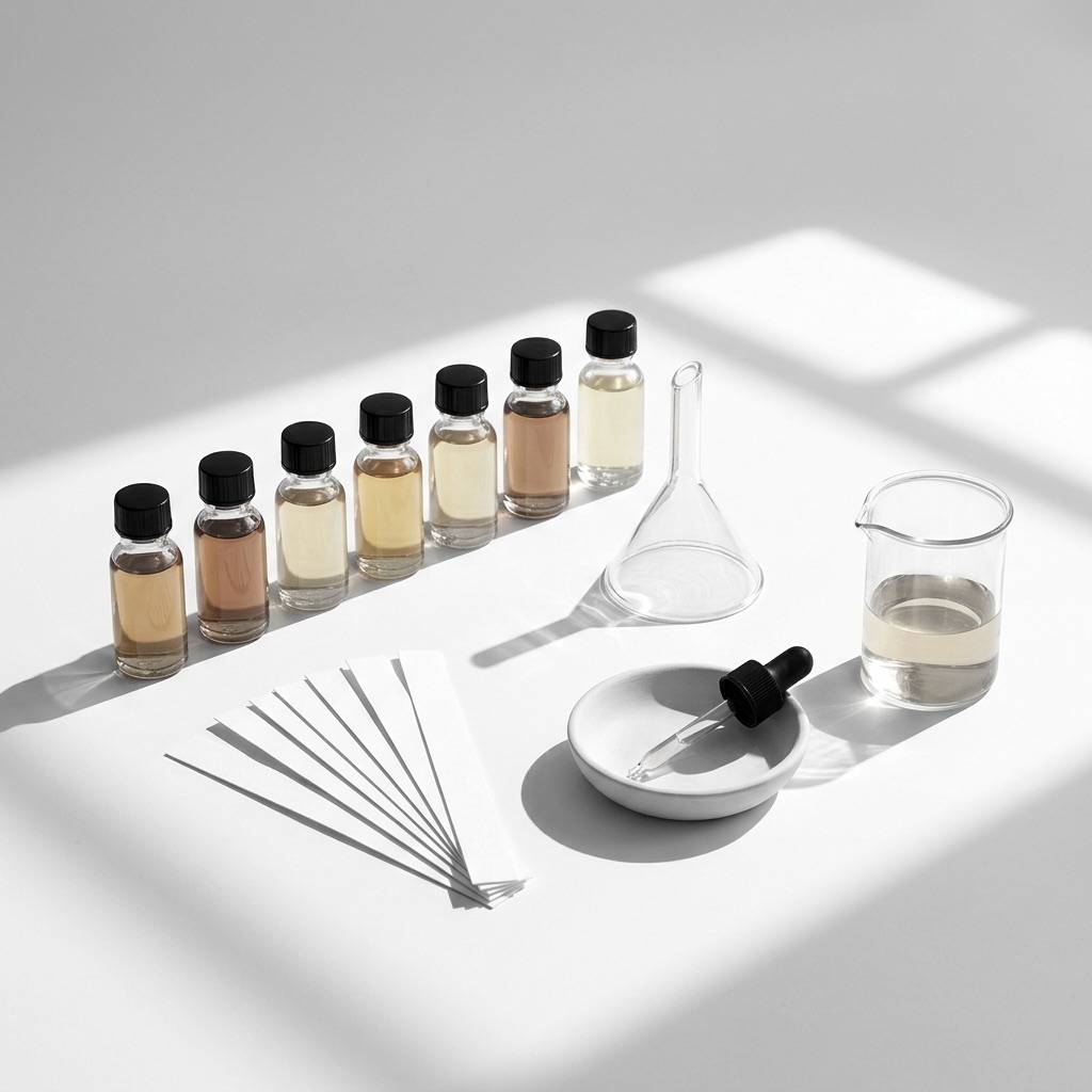 Mesa de atelier de criação de perfume com frascos, pipetas e mouillettes, ilustrando a transmissão do saber olfativo.