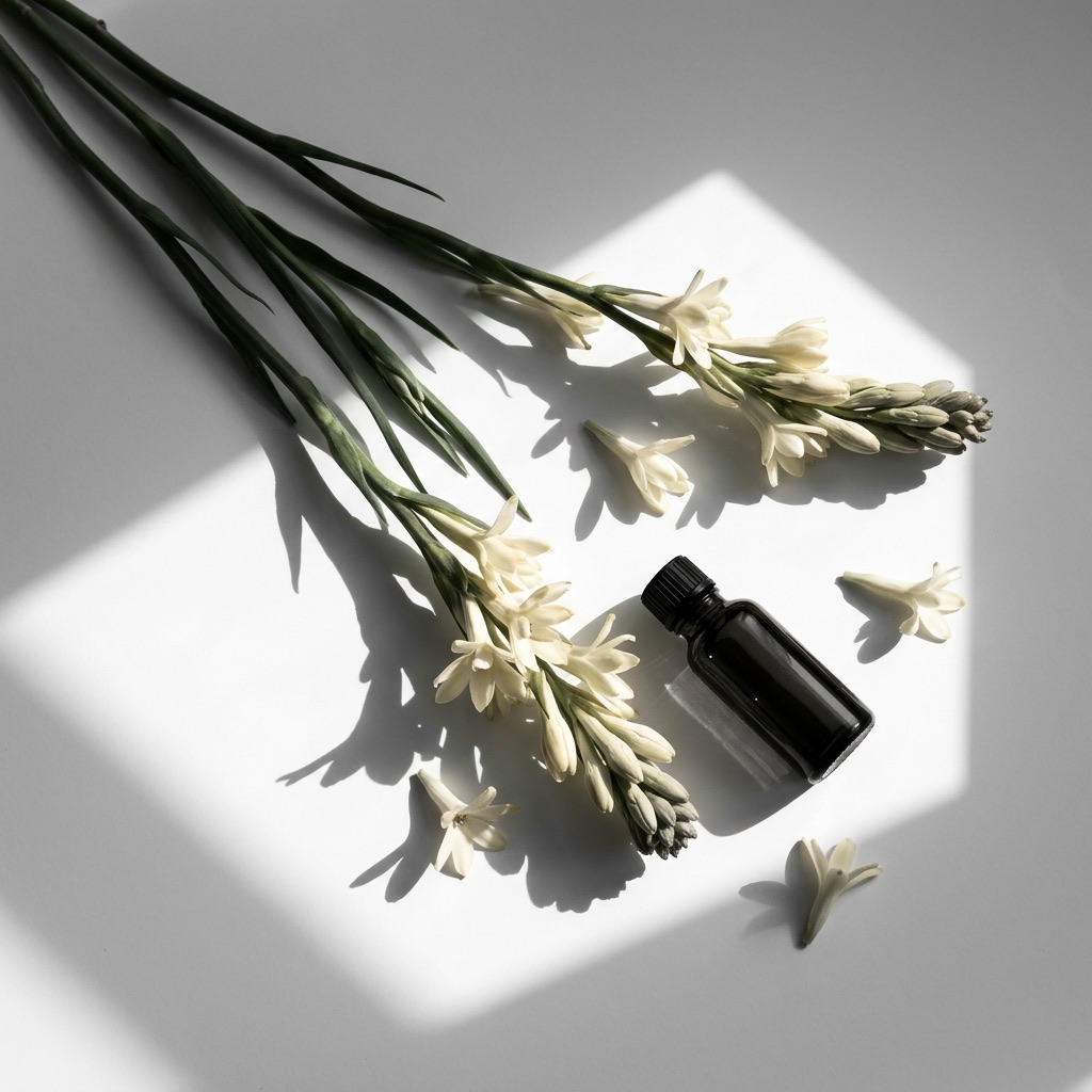 Flores de tuberosa brancas desabrochadas sob a lua, ilustrando o carácter narcótico e noturno desta flor em perfumaria.