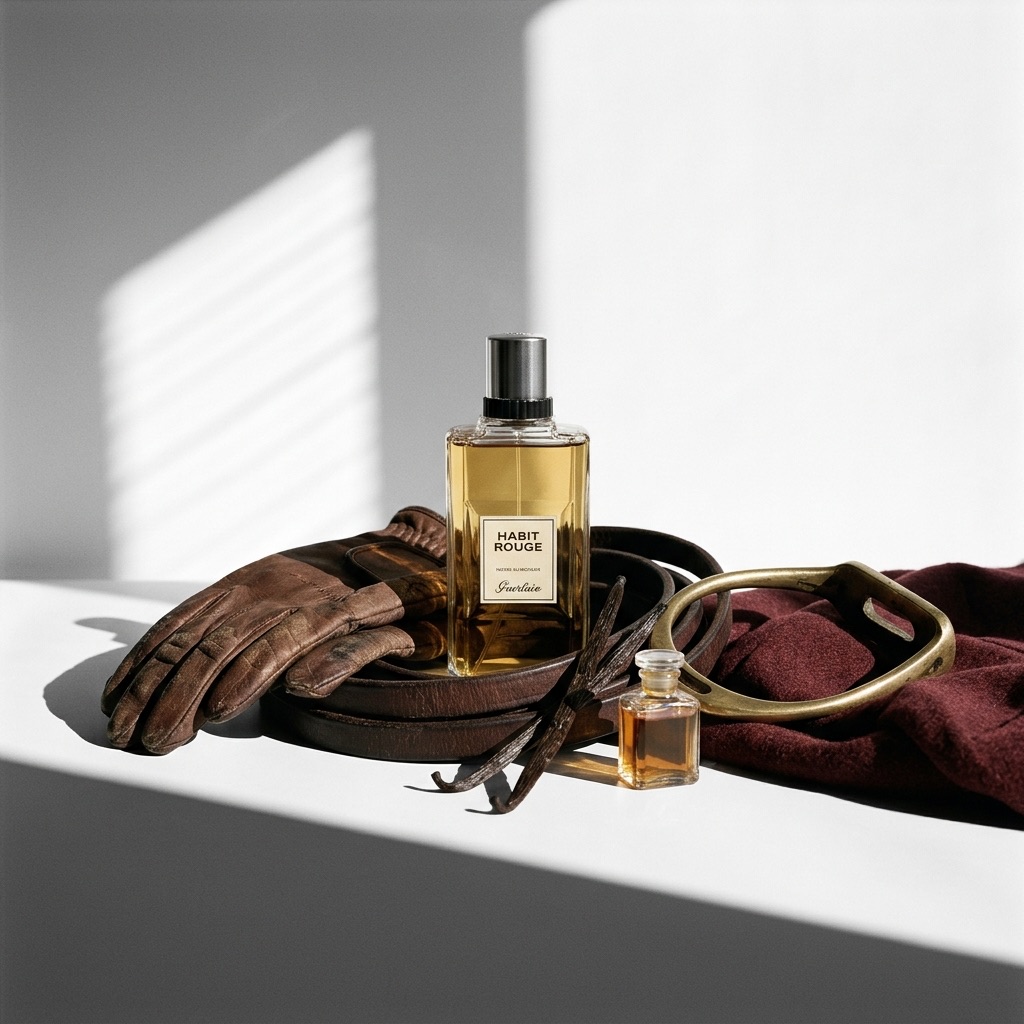 Frasco de Habit Rouge apresentado com um casaco de equitação vermelho, botas de couro e um chicote, evocando o universo equestre.