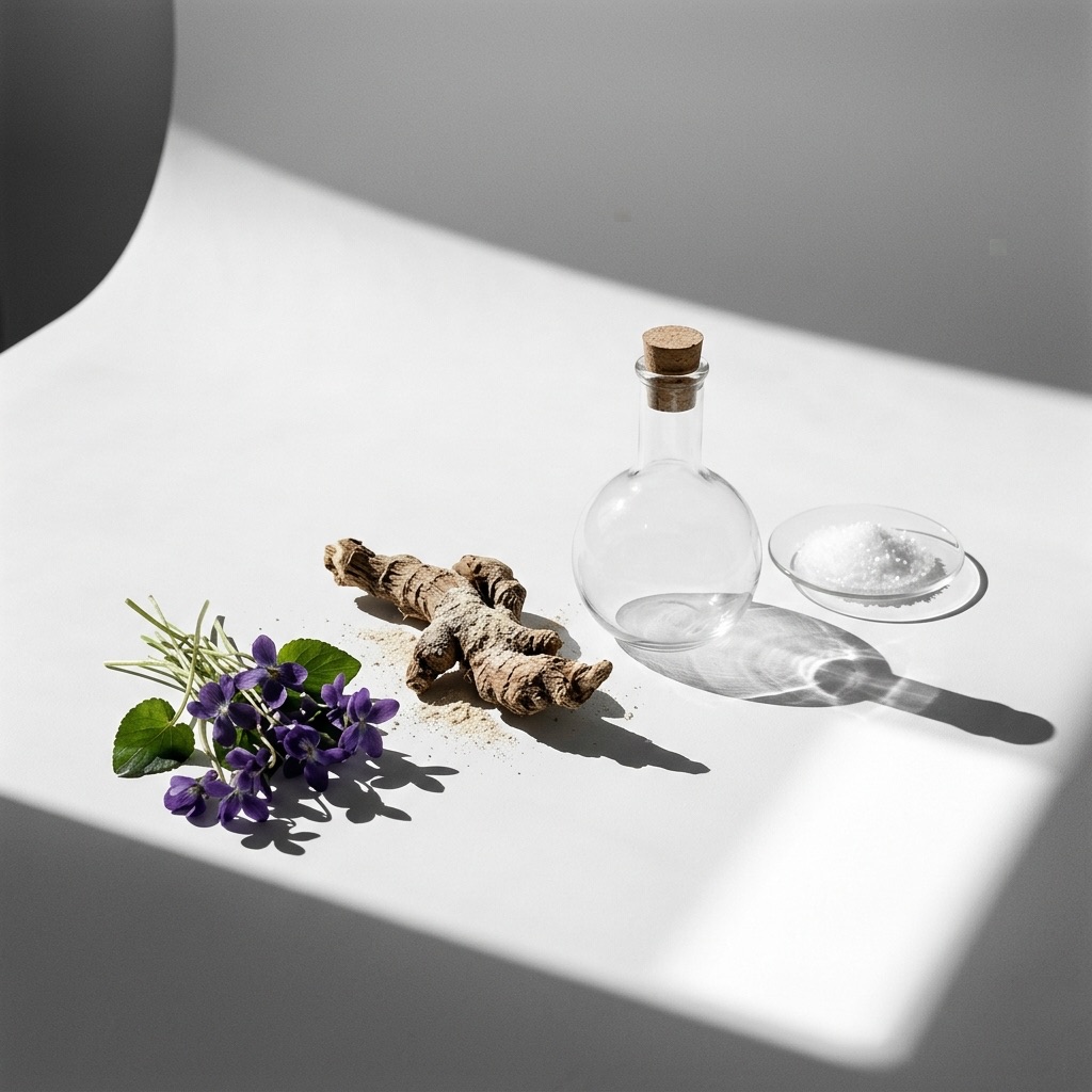 Flores de violeta, rizoma de íris e vidros de laboratório, ilustrando a aliança entre a natureza e a química (iononas) na perfumaria.