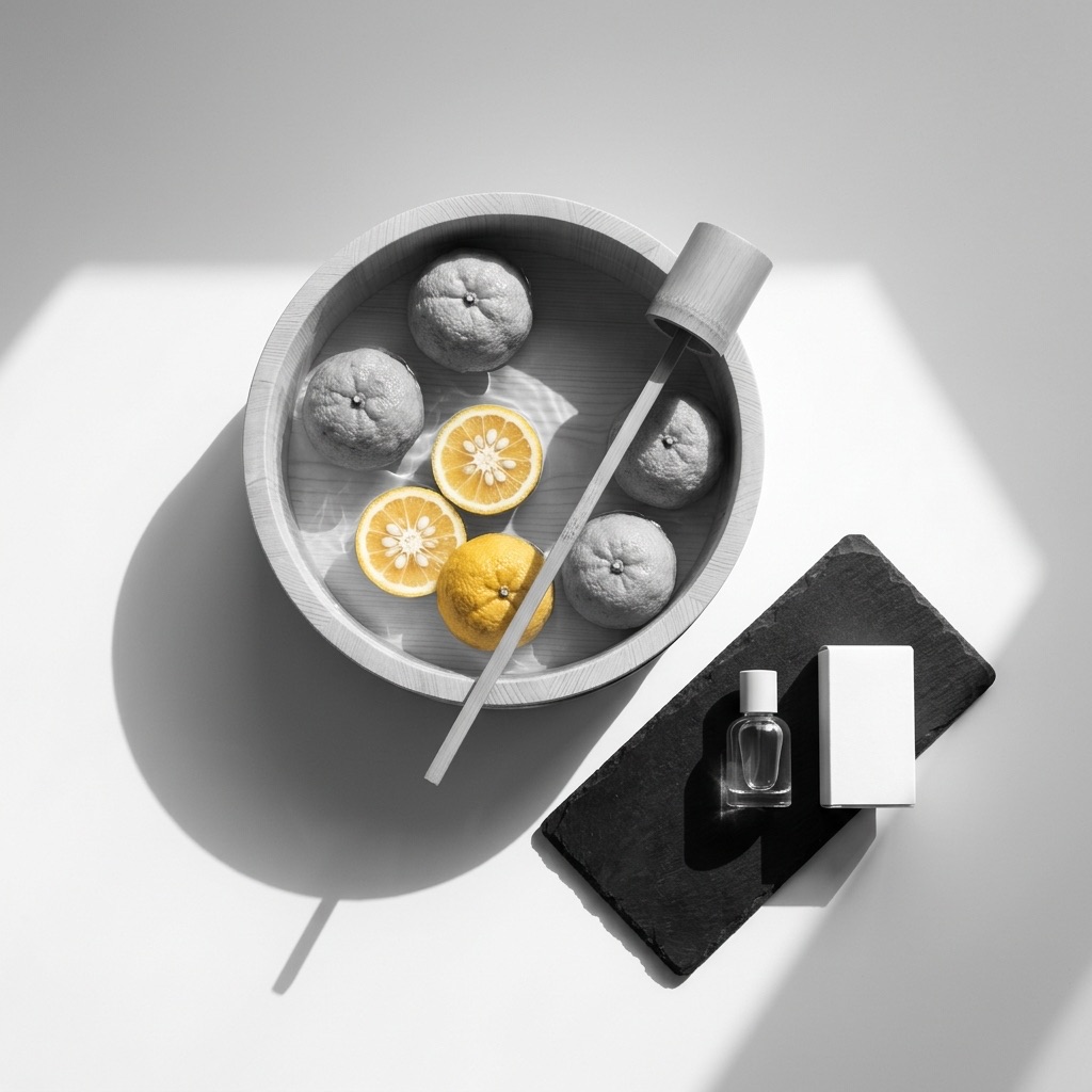 Frutos de yuzu a flutuar num banho tradicional japonês e frasco de perfume, ilustrando a frescura e os benefícios deste citrino.
