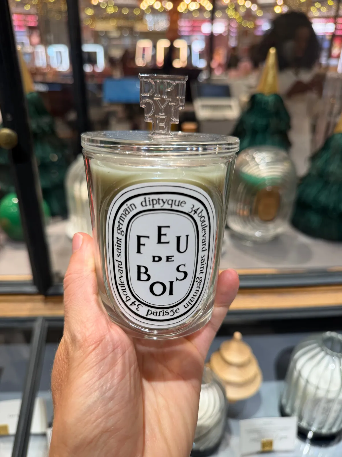 Bougie Feu de Bois de Diptyque tenue en main devant une vitrine décorée pour Noël.